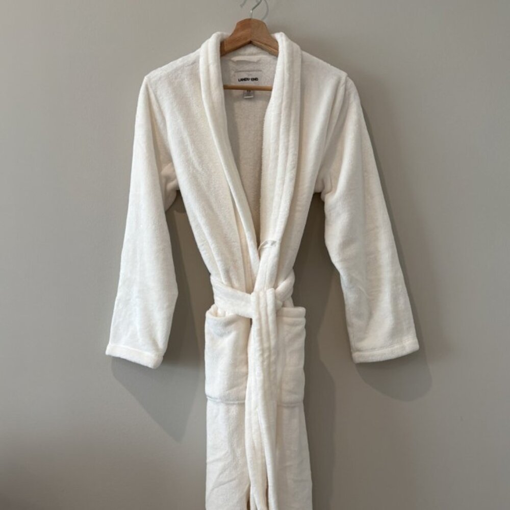 LANDS END - Womens XS Bathrobe - Kimono Style. Fleece/Plush - White BRAND NEW